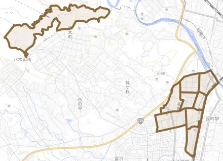 長町とその周辺の地図。町の範囲を重ねている