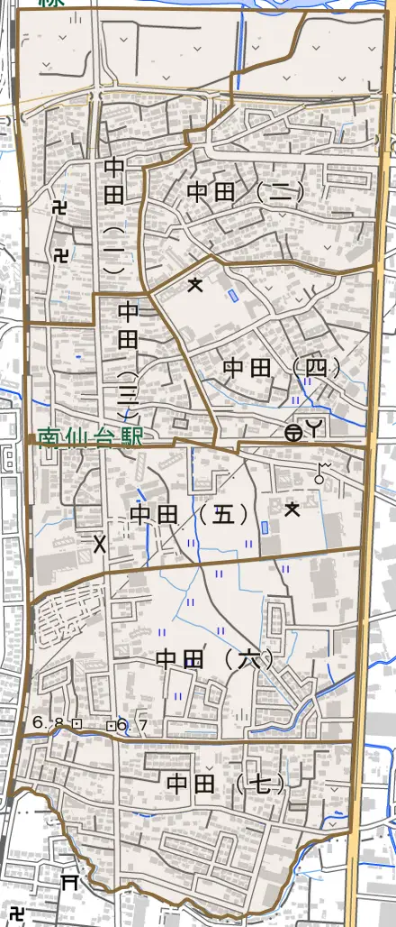 中田とその周辺の地図。町の範囲を重ねている