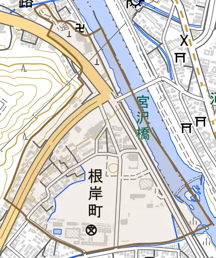 根岸町とその周辺の地図。町の範囲を重ねている