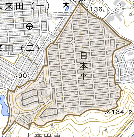 日本平とその周辺の地図。町の範囲を重ねている
