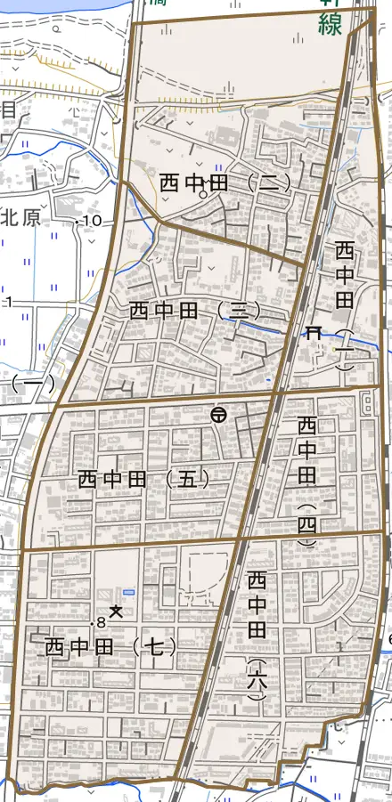 西中田とその周辺の地図。町の範囲を重ねている