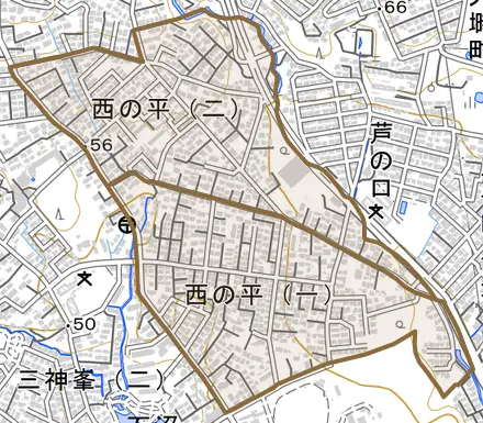 西の平とその周辺の地図。町の範囲を重ねている