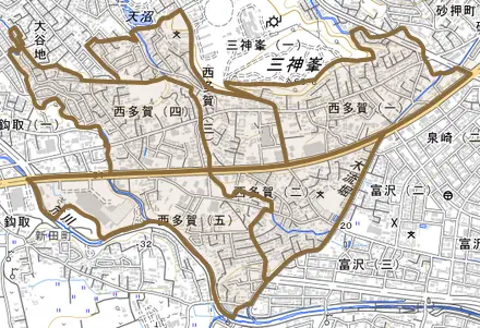 西多賀とその周辺の地図。町の範囲を重ねている