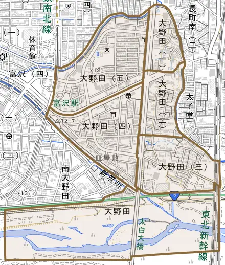 大野田とその周辺の地図。町の範囲を重ねている