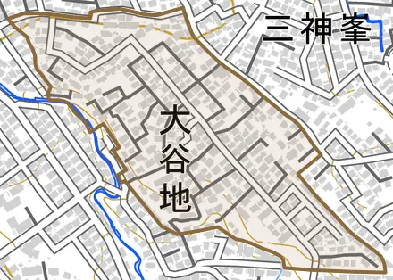 大谷地とその周辺の地図。町の範囲を重ねている