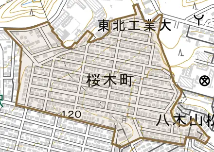 桜木町とその周辺の地図。町の範囲を重ねている