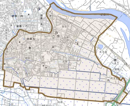 四郎丸とその周辺の地図。町の範囲を重ねている