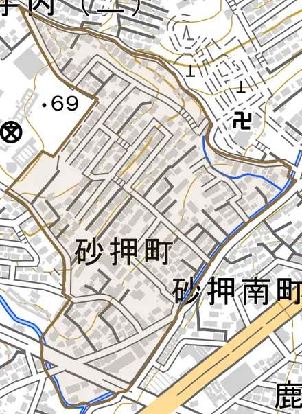 砂押町とその周辺の地図。町の範囲を重ねている