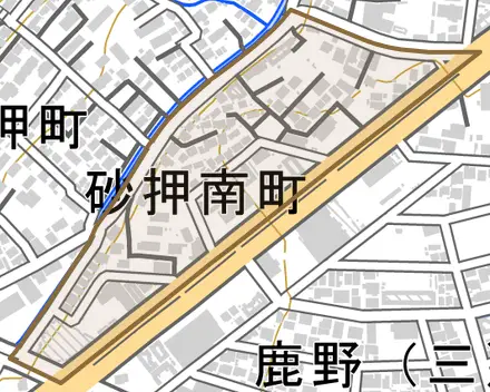 砂押南町とその周辺の地図。町の範囲を重ねている