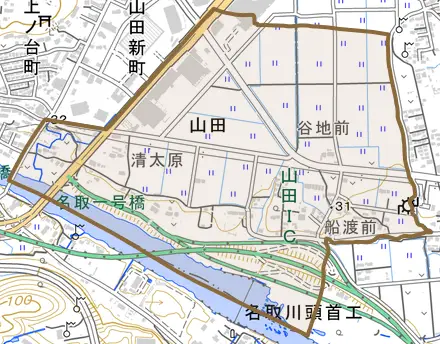 山田とその周辺の地図。町の範囲を重ねている