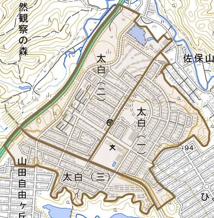 太白とその周辺の地図。町の範囲を重ねている