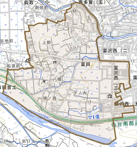 富田とその周辺の地図。町の範囲を重ねている