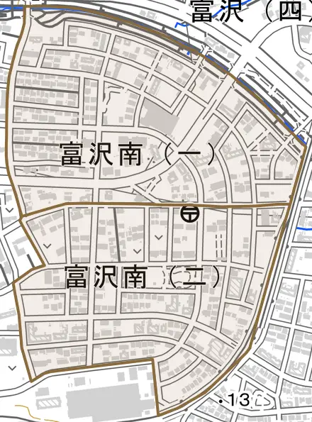 富沢南とその周辺の地図。町の範囲を重ねている