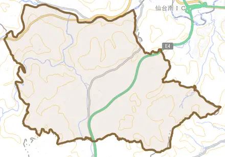 坪沼とその周辺の地図。町の範囲を重ねている
