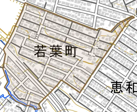 若葉町とその周辺の地図。町の範囲を重ねている