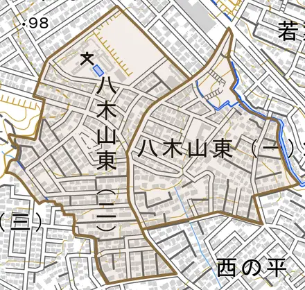 八木山東とその周辺の地図。町の範囲を重ねている