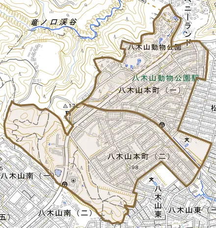 八木山本町とその周辺の地図。町の範囲を重ねている