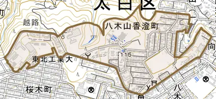 八木山香澄町とその周辺の地図。町の範囲を重ねている