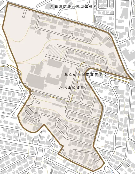 八木山松波町とその周辺の地図。町の範囲を重ねている
