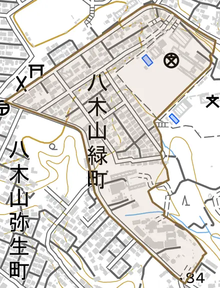 八木山緑町とその周辺の地図。町の範囲を重ねている