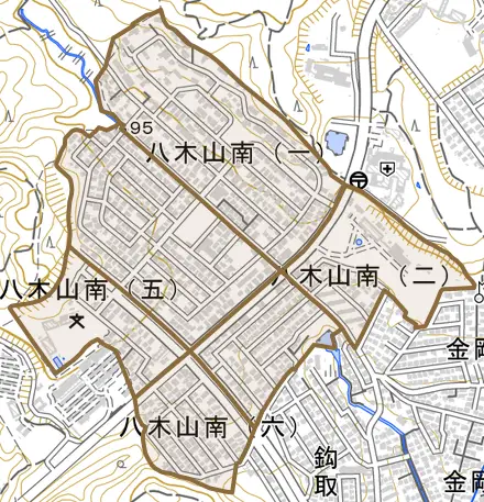 八木山南とその周辺の地図。町の範囲を重ねている