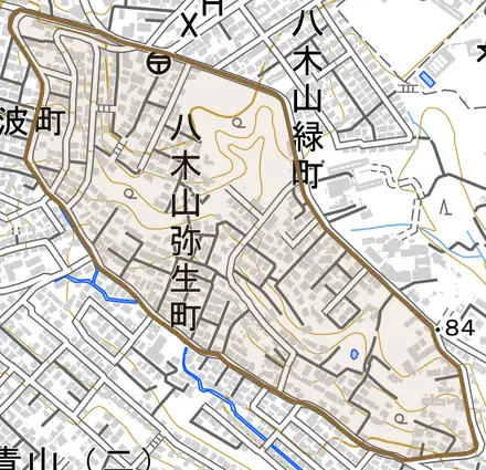 八木山弥生町とその周辺の地図。町の範囲を重ねている