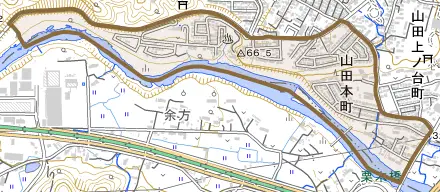 山田本町とその周辺の地図。町の範囲を重ねている