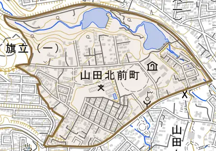 山田北前町とその周辺の地図。町の範囲を重ねている