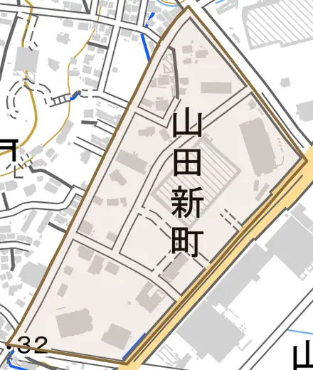 山田新町とその周辺の地図。町の範囲を重ねている