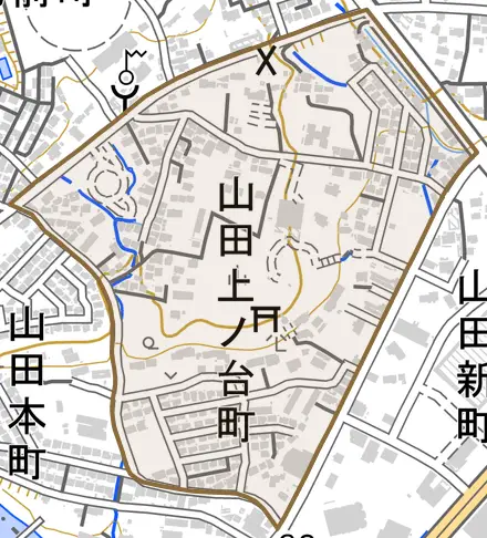 山田上ノ台町とその周辺の地図。町の範囲を重ねている