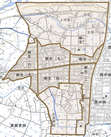 柳生とその周辺の地図。町の範囲を重ねている