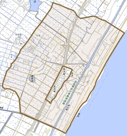 荒浜とその周辺の地図。町の範囲を重ねている