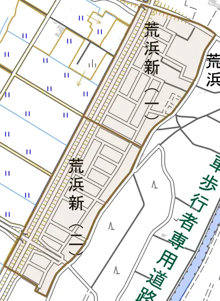 荒浜新とその周辺の地図。町の範囲を重ねている