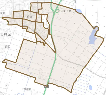 荒井とその周辺の地図。町の範囲を重ねている