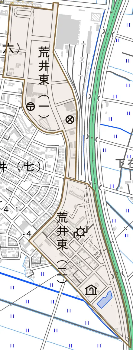 荒井東とその周辺の地図。町の範囲を重ねている