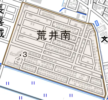 荒井南とその周辺の地図。町の範囲を重ねている