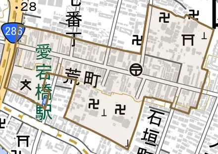 荒町とその周辺の地図。町の範囲を重ねている