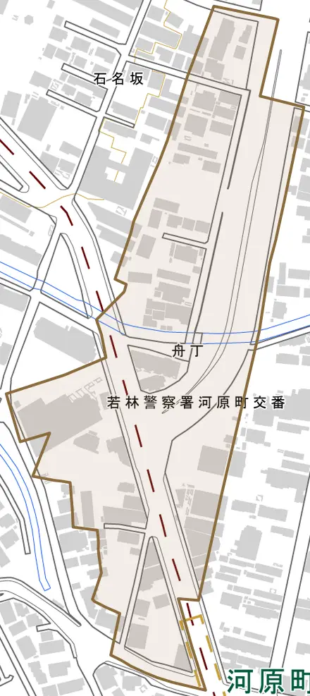 舟丁とその周辺の地図。町の範囲を重ねている