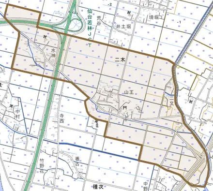 二木とその周辺の地図。町の範囲を重ねている