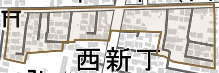 椌木通とその周辺の地図。町の範囲を重ねている