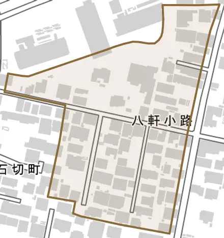 八軒小路とその周辺の地図。町の範囲を重ねている