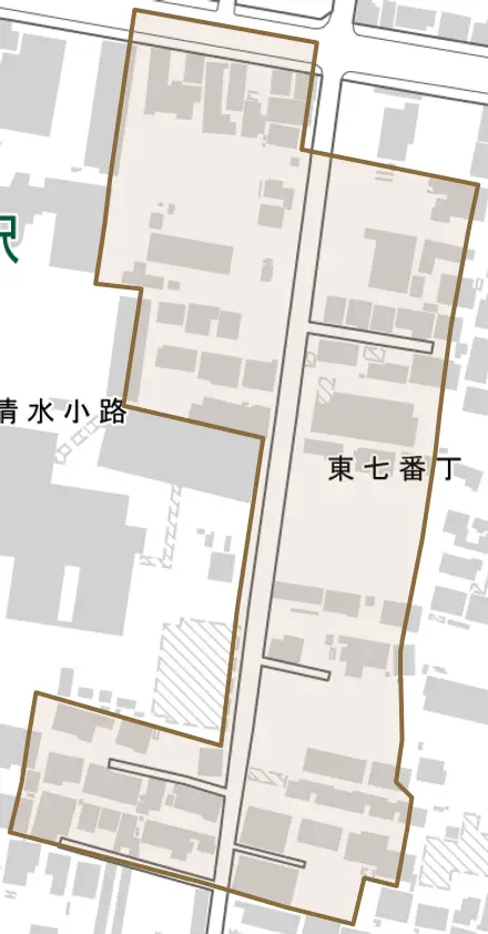 東七番丁とその周辺の地図。町の範囲を重ねている