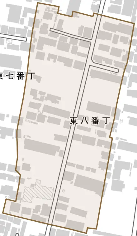 東八番丁とその周辺の地図。町の範囲を重ねている