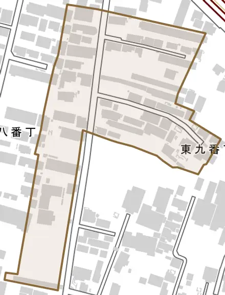 東九番丁とその周辺の地図。町の範囲を重ねている