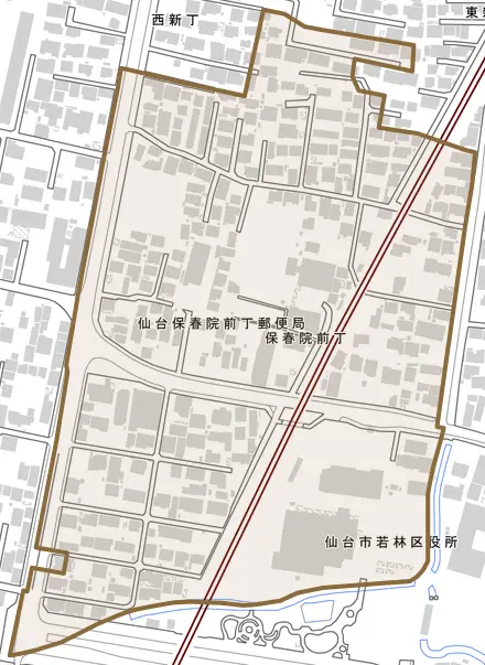 保春院前丁とその周辺の地図。町の範囲を重ねている