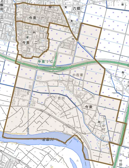 今泉とその周辺の地図。町の範囲を重ねている