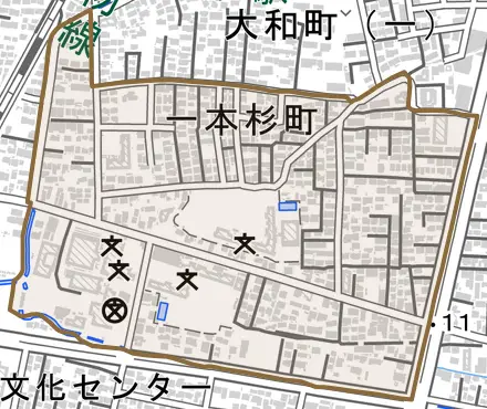 一本杉町とその周辺の地図。町の範囲を重ねている