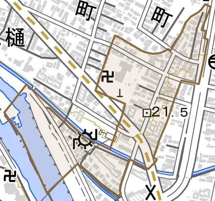 石名坂とその周辺の地図。町の範囲を重ねている