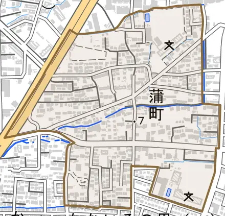 蒲町とその周辺の地図。町の範囲を重ねている