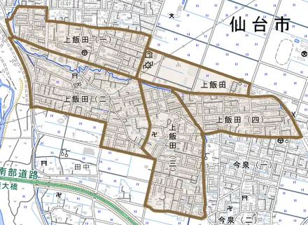 上飯田とその周辺の地図。町の範囲を重ねている